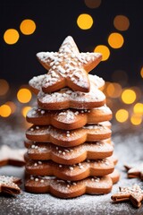 Photo of a festive Christmas tree made entirely of delicious iced cookies on a table created with Generative AI technology