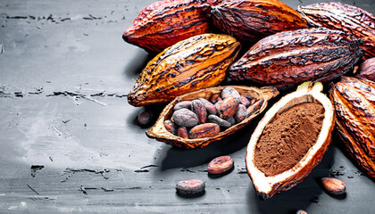 cocao fruit on top of raw cocao beans copy space