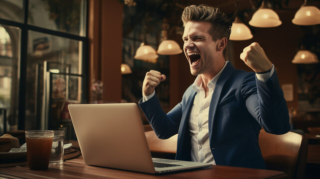 Successful entrepreneur celebrating with fist pump in front of laptop. Generative AI