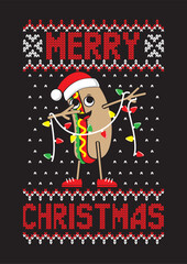 Knitted merry christmas text. Hot dog in santa's hat and with lights in hand. Christmas vector illustration.