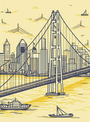 Charming, minimalist depiction of San Francisco's iconic skyline and bridge in a unique, geometric style - evoke the allure of city living.