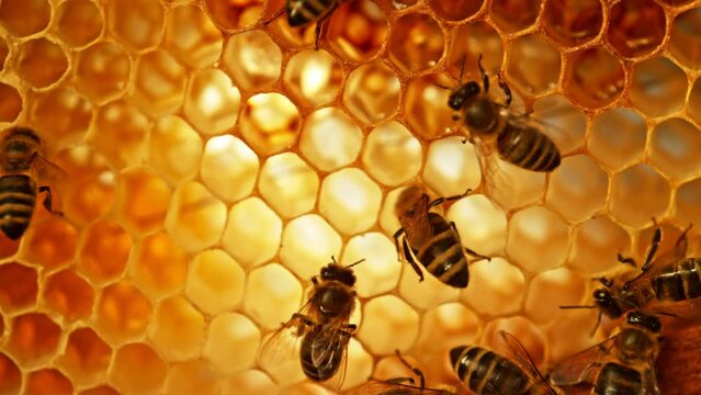 Bees Walking on Honeycomb and Carrying Honey. Macro shot of Domesticated Insect, Beekeeper and Farmers Life.