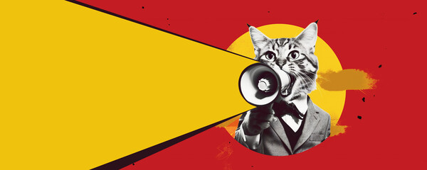 Art collage. A crazy cat with a megaphone. Promotion, action, ad, job questions, discussion. Vacancy. Business concept, communication, information, news, boss, team media relations. - obrazy, fototapety, plakaty