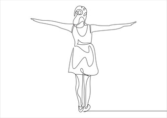 Continuous line art or One Line Drawing of a woman stretching arms is relaxing picture vector illustration