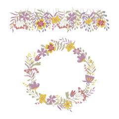 Hand drawn fantastic flower banner and wreath. Floral arrangement vector illustration.