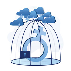 Female sex symbol in a cage. Inequality, human rights issue. Gender gap, sexism. Discrimination, domestic violence. Clouds and rain over the prison.