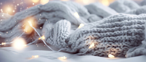 Close up of cozy grey,  knitted merino blanket with garland, bokeh. soft, warm background. Knitted texture. Fall evening concept. generative ai