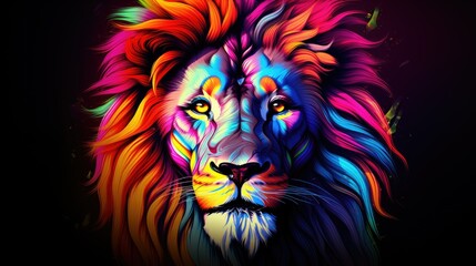 A colorful lion with a rainbow mane
