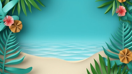 Fototapeta na wymiar Realistic summer wallpaper with beach and tropical leaves