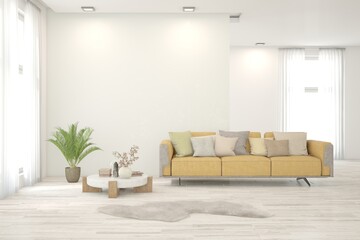 White scandinavian interior design with sofa. 3D illustration