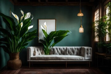 A blank canvas into an image of a cozy corner with a peace lily in a decorative . - obrazy, fototapety, plakaty