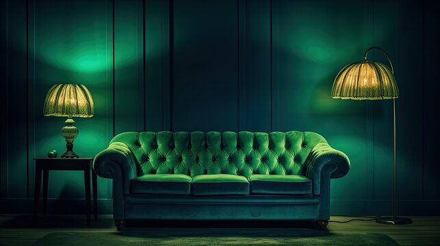 A green couch with a blue lamp hanging above