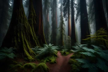 Fotobehang A scene of a majestic redwood forest with towering trees and a lush forest floor. © Muhammad