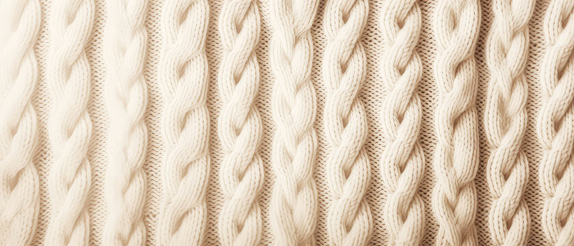 Knit texture of beige wool with pigtails. Woolen knitting, fabric background. Knitted Background. generative ai