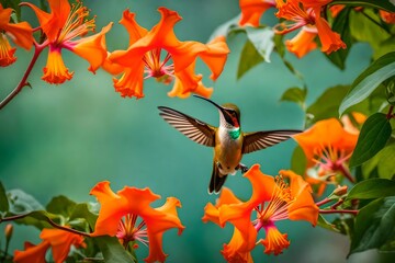 A hummingbird sipping nectar from a cluster of trumpet vine flowers.