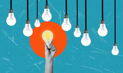 Creativity and New Ideas in Business. Artistic Collage. A hand with a glowing light bulb © beast01