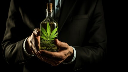 A man holds a bottle of marijuana in his hand