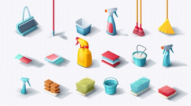 Cleaning 3d icon set. Housekeeping. Service wet and dry house cleaning. Spray cleaner, dishwashing, floor mop, window cleaning, laundry clothes. vector icons, objects on a transparent background