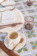 cup of coffee on ceramic table 
