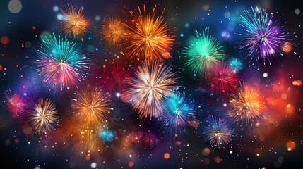 Fototapeta premium Abstract new year background with colorful fireworks and christmas lights. Generative Ai