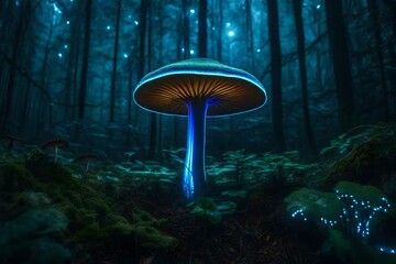 A artistic representation of a bioluminescent mushroom in a dark, enchanted forest.