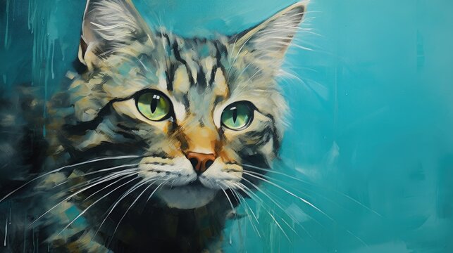 A painting of a cat with green eyes and a blue background