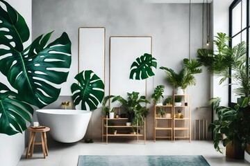 A bathroom with a stylish monstera plant adding a tropical vibe.