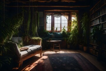 A artistic representation of a cozy reading nook with a hanging spider plant.