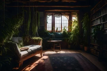 Fotobehang A artistic representation of a cozy reading nook with a hanging spider plant. © Muhammad
