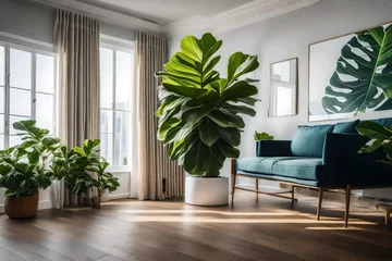 Foto op Canvas A blank canvas into a scene of a modern living room with a fiddle leaf fig as a focal point. © Muhammad