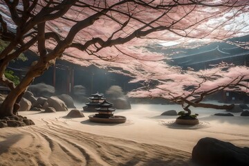A blank canvas into an image of a serene zen garden with meticulously raked sand and bonsai cherry blossoms.
