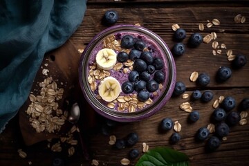 Obraz na płótnie Canvas Blueberry smoothie with banana and oat flakes in jar on rustic wooden background 
