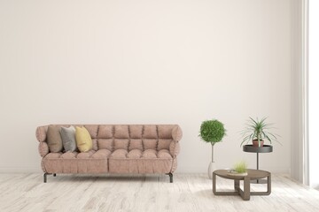 White scandinavian interior design with sofa. 3D illustration