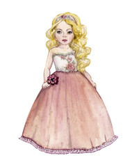 Fototapeta premium Princess on white background. Handdrawn Princess. Fantasy illustration. Fairy tale. Walercolor illustration