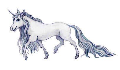 Obraz na płótnie Canvas Unicoorn on white background. Unicorn dragon. Fantasy illustration. Fairy tale. Walercolor illustration