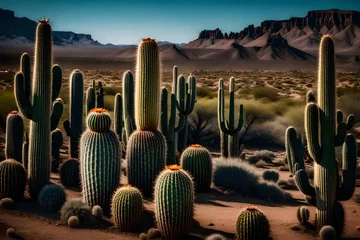 Rolgordijnen A scene of a cactus garden with a towering saguaro cactus against a desert backdrop. © Muhammad