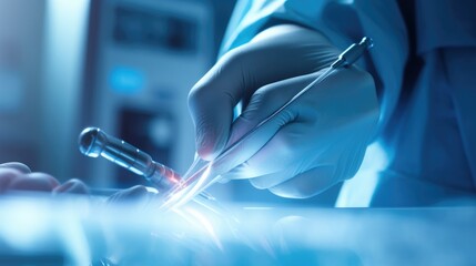 Close-up of medical hand performing surgical operation patient in hospital.
