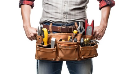 contractor  man wearing carpenter toolbelt on white