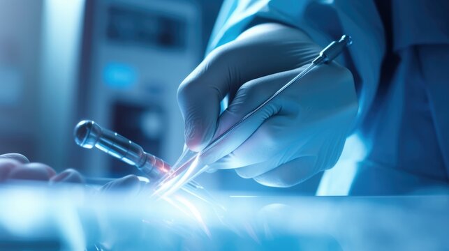 Close-up of medical hand performing surgical operation patient in hospital.