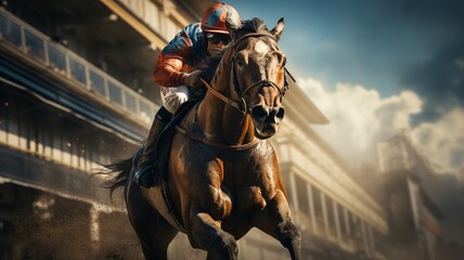 During a race, a rider competing in a derby or horse race can be seen galloping on a horse while the main stand is in the distance.