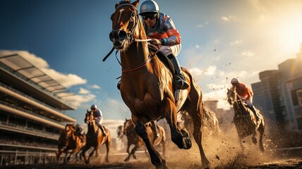 During a race, a rider competing in a derby or horse race can be seen galloping on a horse while the main stand is in the distance. - obrazy, fototapety, plakaty