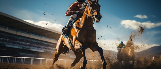 During a race, a rider competing in a derby or horse race can be seen galloping on a horse while the main stand is in the distance.