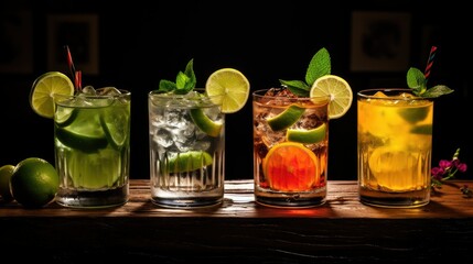 Four glasses of cocktails with limes