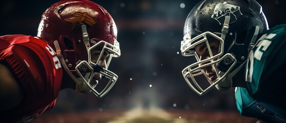 Championship of American football. Professional Players Ready for Aggressive Face-Off, Ready for Pushing and Tackling.