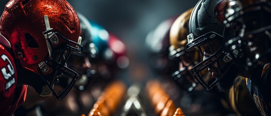 Championship of American football. Professional Players Ready for Aggressive Face-Off, Ready for Pushing and Tackling. - obrazy, fototapety, plakaty