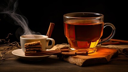 glass of tea with tea bag and cinnamon stick