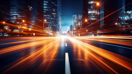 Fototapeta premium Car motion trails. Speed light streaks background with blurred fast moving light effect, Racing cars dynamic flash effects city road with long exposure night lights. Generative AI