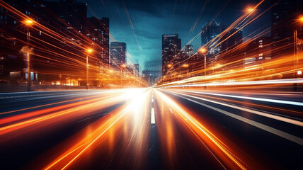 Fototapeta na wymiar Car motion trails. Speed light streaks background with blurred fast moving light effect, Racing cars dynamic flash effects city road with long exposure night lights. Generative AI