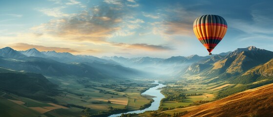 attractive inspirational scenery with a hot air balloon in the sky, vacation spot.