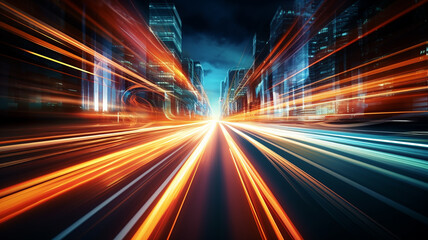 Fototapeta premium Car motion trails. Speed light streaks background with blurred fast moving light effect, Racing cars dynamic flash effects city road with long exposure night lights. Generative AI